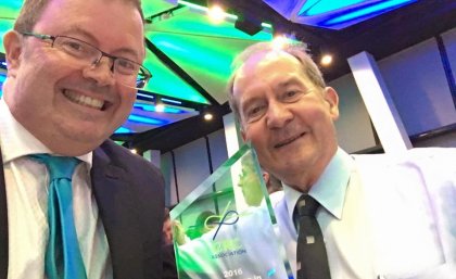 Professor Peter Halley and QUT’s Emeritus Professor Graeme George with the award. Professor Peter Halley and QUT’s Emeritus Professor Graeme George with the award.